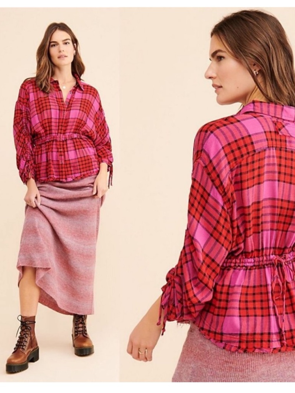 NWT Free People Pink & Red Plaid Drawstring Waist Button-Up Top - size small